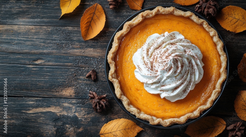 Delicious pumpkin pie topped with whipped cream, surrounded by autumn leaves and rustic decor Delicious pumpkin pie topped with whipped cream, surrounded by autumn leaves and rustic decor