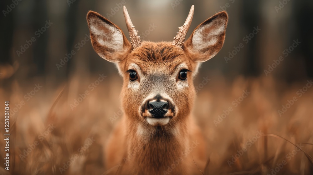 Gentle gaze of a young deer in an amber meadow at dawn Gentle gaze of a young deer in an amber meadow at dawn