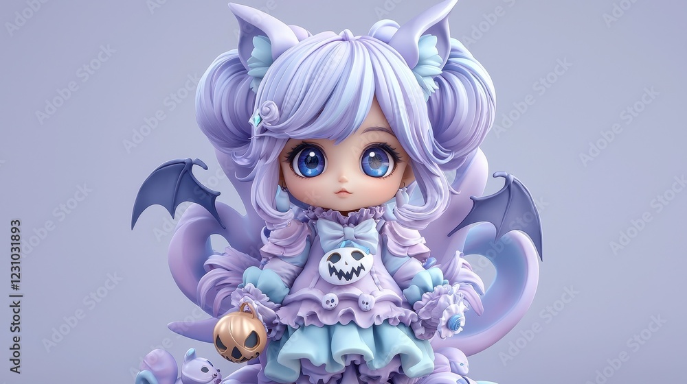 A whimsical doll with pastel colors, bat wings, and a pumpkin design, embodying a charming Halloween spirit. A whimsical doll with pastel colors, bat wings, and a pumpkin design, embodying a charming Halloween spirit.