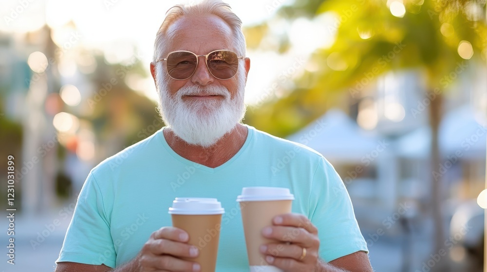 Joyful senior man enjoys coffee and smartphone outdoors in the city Joyful senior man enjoys coffee and smartphone outdoors in the city