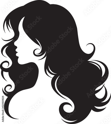 A Elegant Woman Silhouette vector with Wavy Hair with her hair cascading down Profile Vector Art, silhouette of a woman