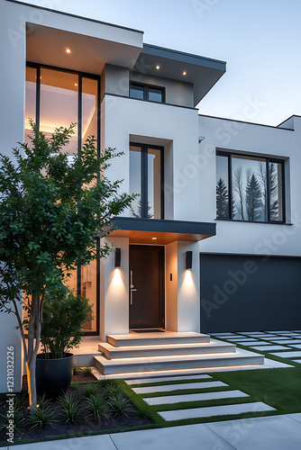 Modern House Exterior: Luxurious Contemporary Home Design.  Elegant architecture, stunning facade, and beautiful landscaping at night.