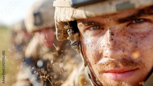 Focused soldier engages in intense training drill during military exercise photo