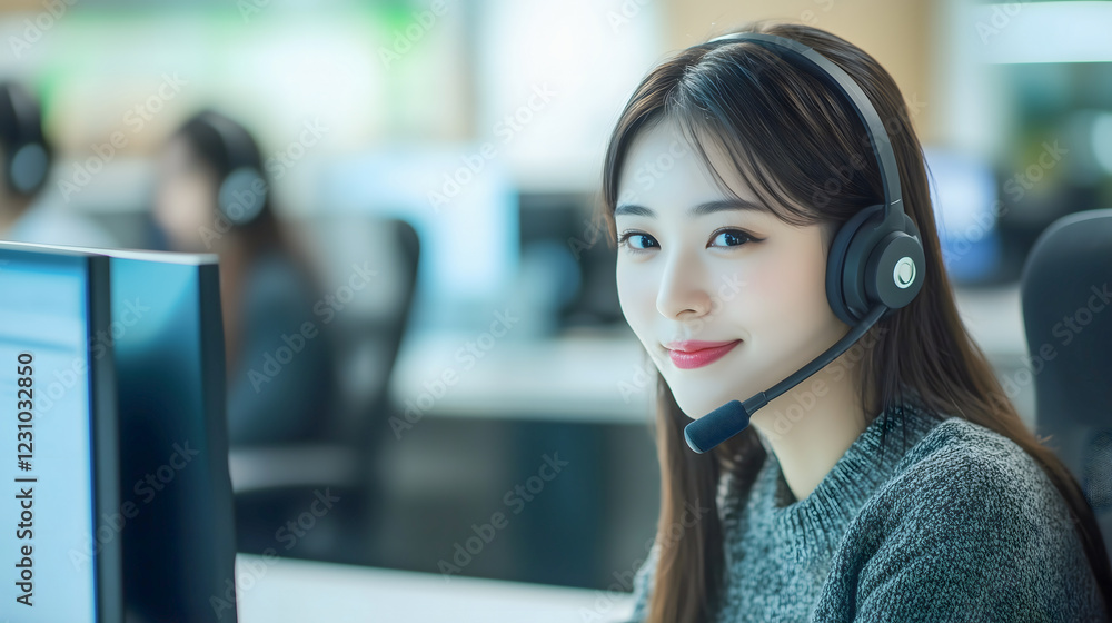 コールセンターで働く若い日本人女性 コールセンターで働く若い日本人女性