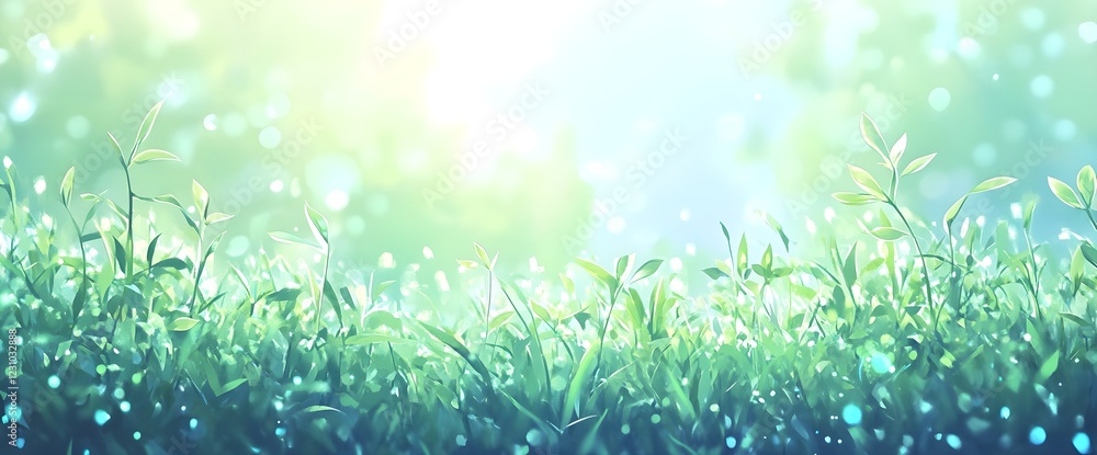 A fresh spring sunny garden background of green grass and blurred foliage bokeh. A fresh spring sunny garden background of green grass and blurred foliage bokeh.