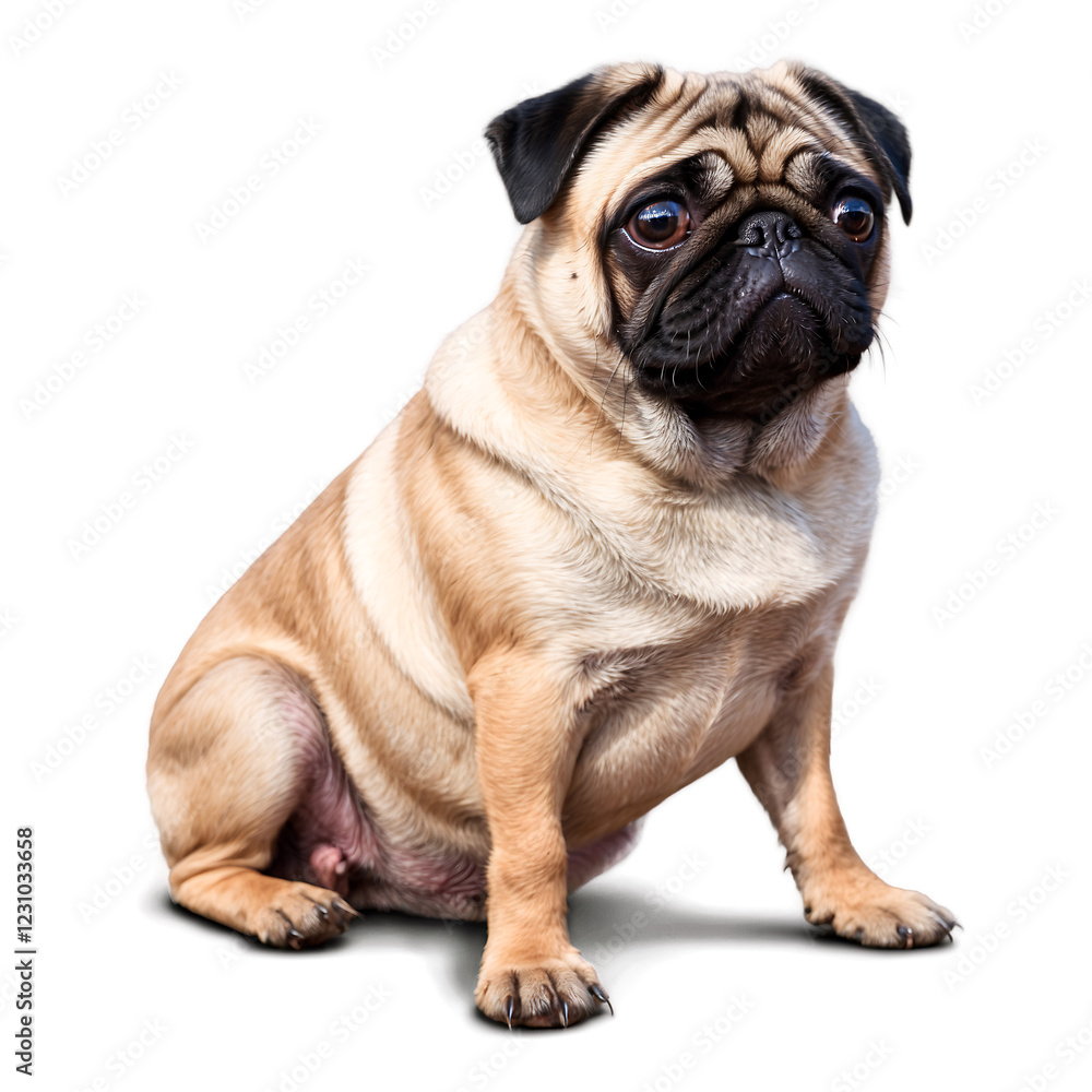 Realistic pug sitting with a wrinkled face, showcasing its distinctive features and adorable expression, isolated on a clean PNG background, ideal for pet-themed designs, animal illustrations, and pla Realistic pug sitting with a wrinkled face, showcasing its distinctive features and adorable expression, isolated on a clean PNG background, ideal for pet-themed designs, animal illustrations, and pla