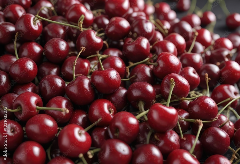 Pile of ripe red cherries, close-up view of stems and tails , cherry pile, fruit, sweet Pile of ripe red cherries, close-up view of stems and tails , cherry pile, fruit, sweet