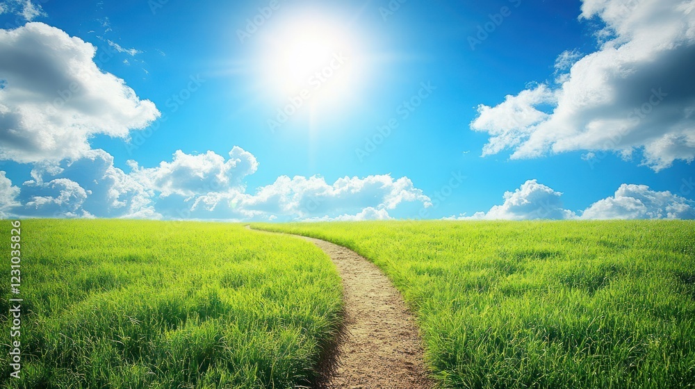 Sunny path through green field, blue sky Sunny path through green field, blue sky