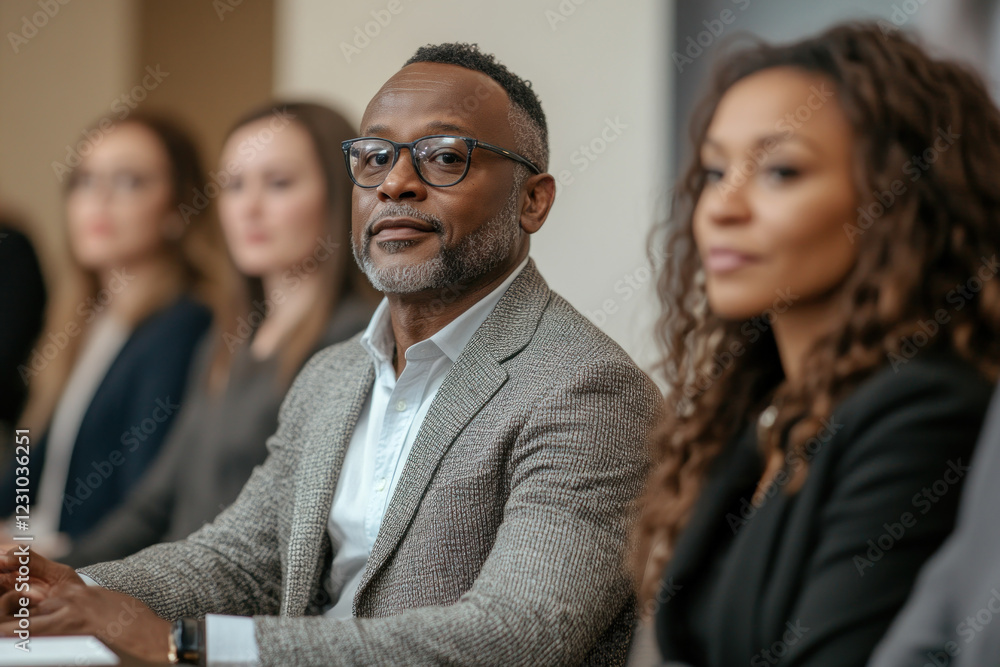 Fototapeta premium Man in suit and glasses sitting at table with group. Engaged in discussion, attentive expressions all around. Warm ambiance, possibly a business meeting or social gathering.