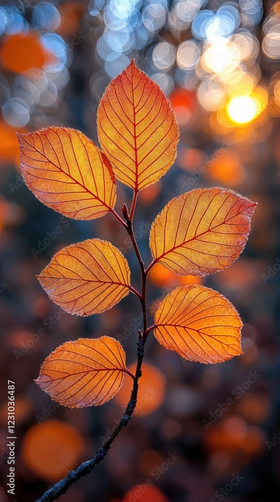 Obraz premium Leaves adorned in vibrant shades of gold capture the last light of day as the sun dips below the horizon, creating a breathtaking display of autumn beauty in a serene forest.