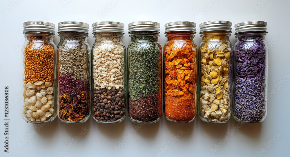 Spice jars filled with colorful herbs and spices arranged neatly Spice jars filled with colorful herbs and spices arranged neatly