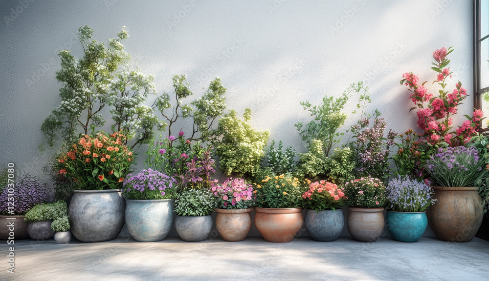 Lush garden pots filled with vibrant flowers and greenery create serene atmosphere Lush garden pots filled with vibrant flowers and greenery create serene atmosphere