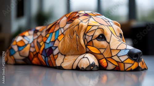 This exquisite sculpture of a golden retriever, composed of vibrant stained glass, captures the playful spirit of dogs while serving as a stunning piece of art in any contemporary space.