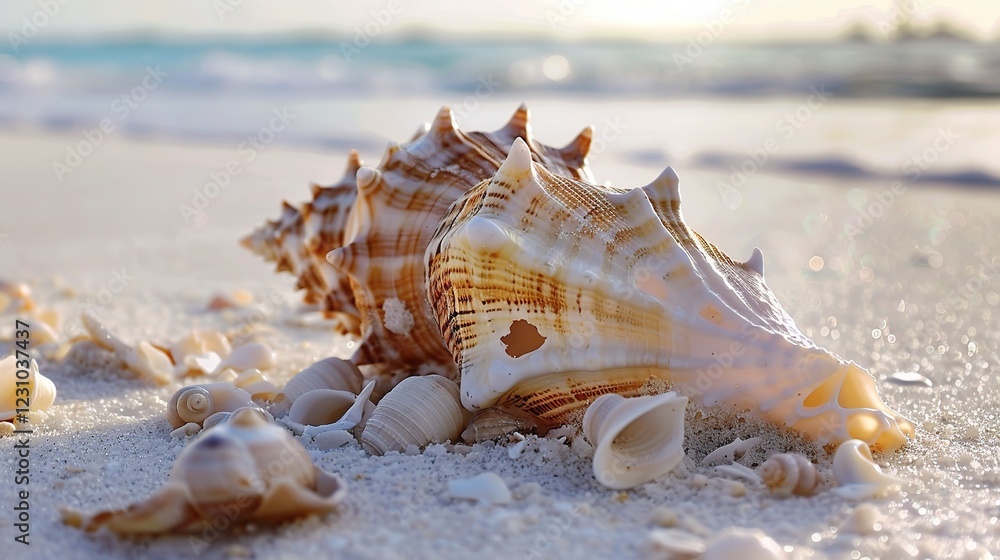 A Captivating Image of a Beautiful Conch Shell. This unique and eye - catching marine mollusk shell, with its spiral shape and intricate patterns A Captivating Image of a Beautiful Conch Shell. This unique and eye - catching marine mollusk shell, with its spiral shape and intricate patterns