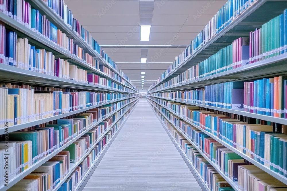 Rows of bookshelves stretch into the distance promising endless knowledge Rows of bookshelves stretch into the distance promising endless knowledge