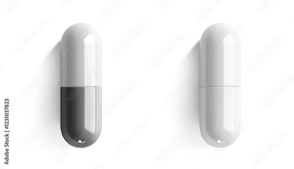 Two capsules, one filled, one empty. Medical illustration Two capsules, one filled, one empty. Medical illustration