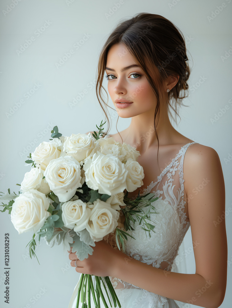 Naklejka premium Elegant Bride Holding a White Rose Bouquet in a Romantic Wedding Portrait