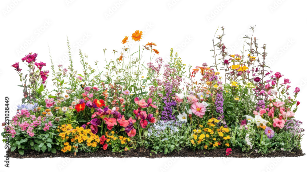 Colorful flower bed blooming in garden with transparent background