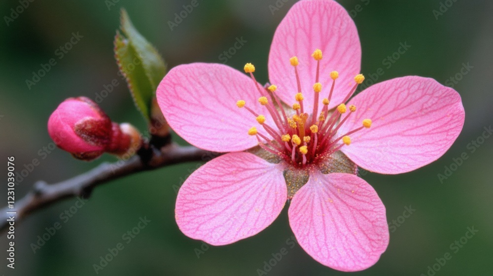 Delicate Pink Blossom with Bud against a Soft Green Background Delicate Pink Blossom with Bud against a Soft Green Background