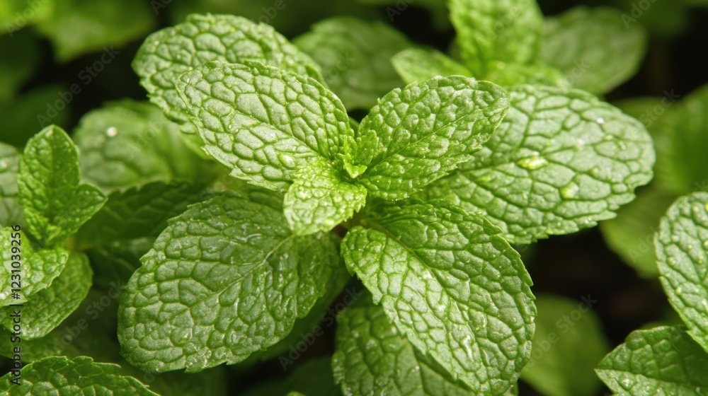 Fresh Green Mint Leaves with Textured Surface and Dew Drops Fresh Green Mint Leaves with Textured Surface and Dew Drops