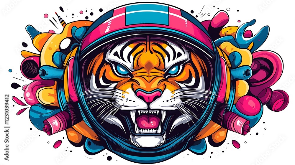 Obraz premium Colorful illustration of a fierce tiger wearing a space helmet surrounded by vibrant abstract shapes