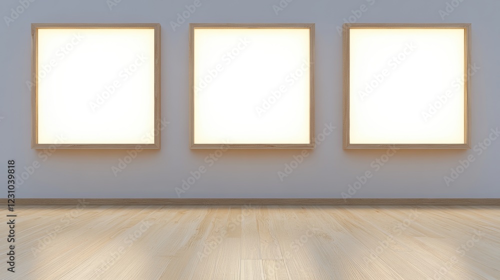 Minimalist Gallery with Three Blank Frames in Bright Atmosphere Minimalist Gallery with Three Blank Frames in Bright Atmosphere