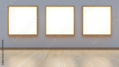 Minimalist Gallery with Three Blank Frames in Bright Atmosphere