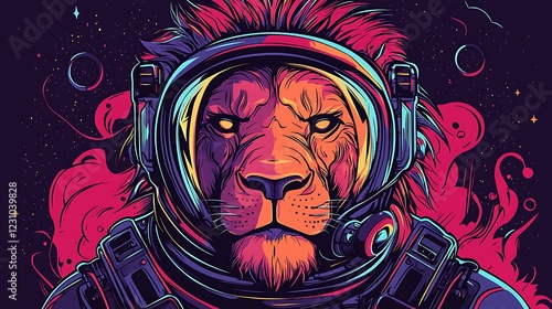 Colorful illustration of a lion in a space helmet against a cosmic background with vibrant colors photo