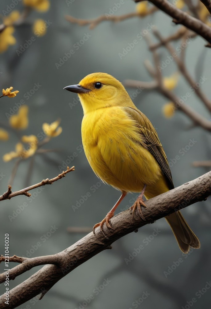 Obraz premium Small yellow bird perched on a bare tree branch, bare tree, bird on branch