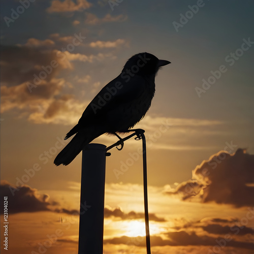 A black crow silhouette perched on a fence against a vibrant sunset photo