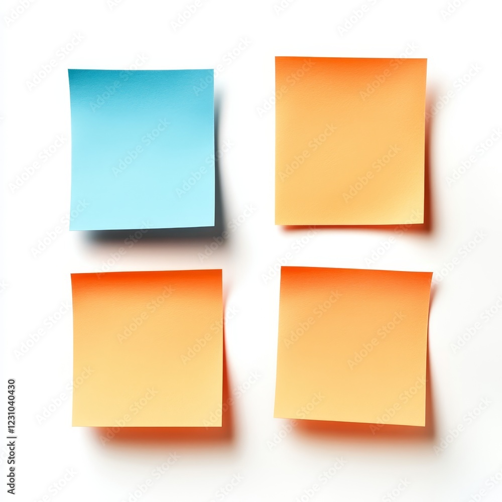 Four blank sticky notes, two light orange and two light blue, arranged in a square on a white background. Four blank sticky notes, two light orange and two light blue, arranged in a square on a white background.