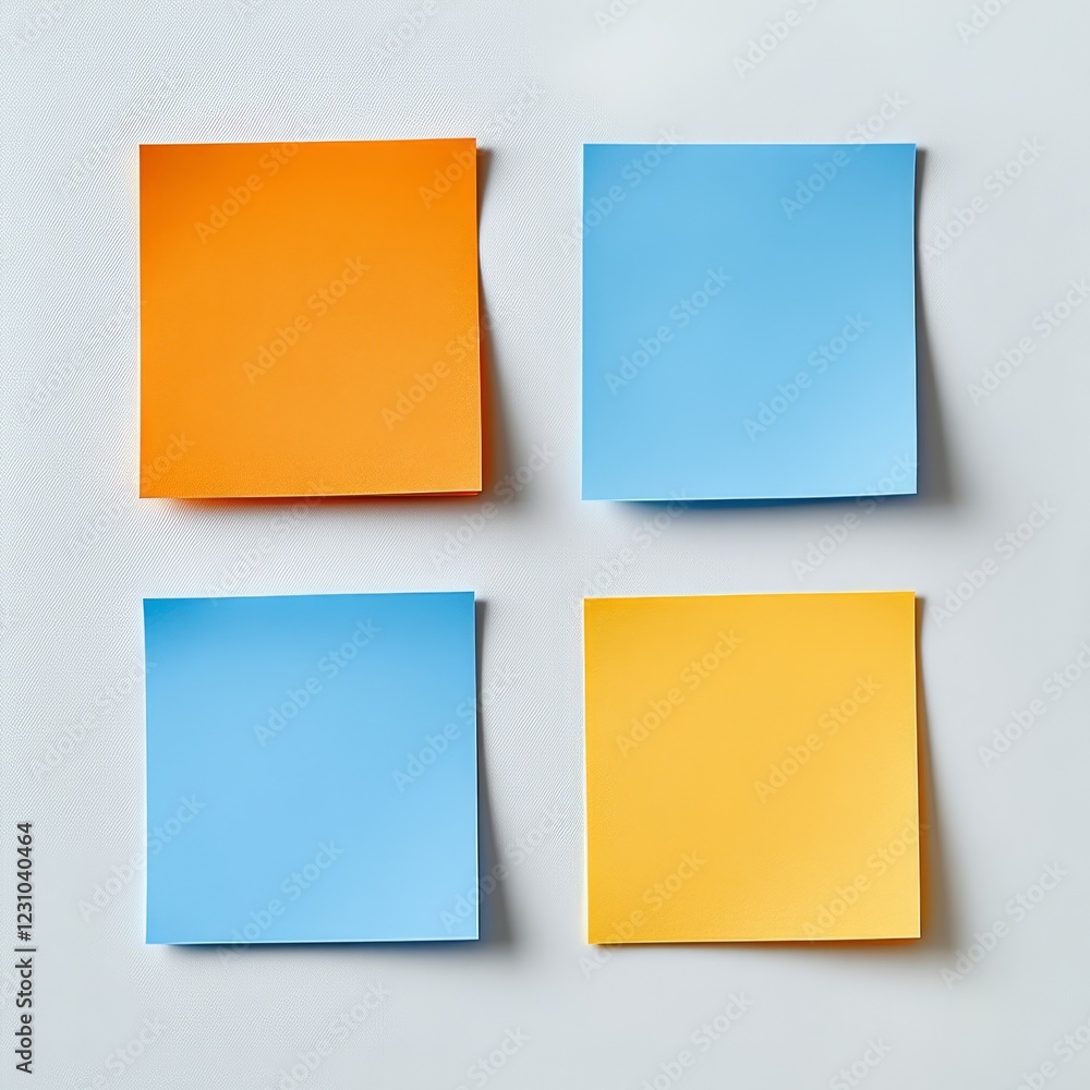 Four blank sticky notes in orange and blue on white background. Four blank sticky notes in orange and blue on white background.