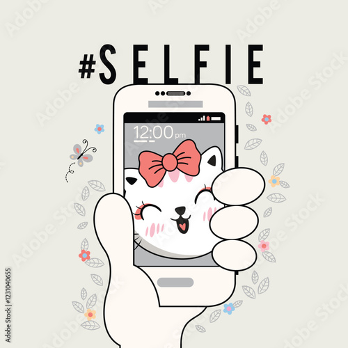 Beautiful cat girl character posing and taking selfie, stylish and fun vector illustration.
