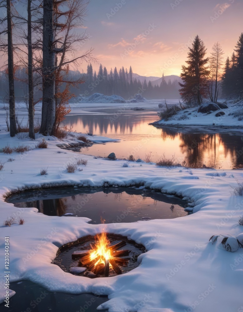 Snowy landscape with a frozen pond and a fire crackling in the background, serene atmosphere, peaceful scene, frozen pond Snowy landscape with a frozen pond and a fire crackling in the background, serene atmosphere, peaceful scene, frozen pond
