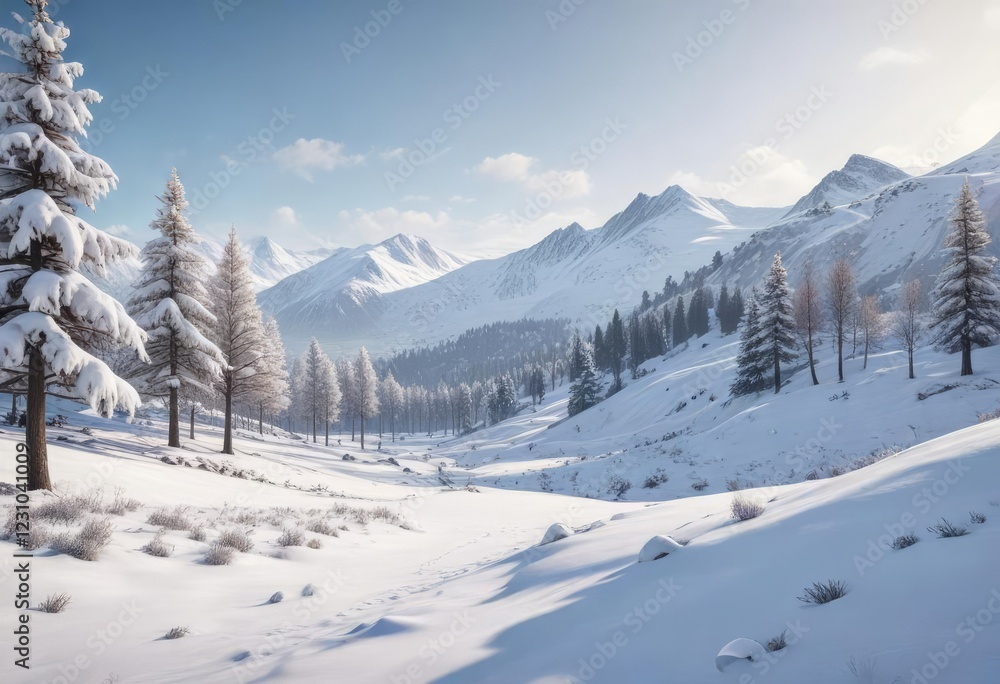 Snowy landscape with snow-covered hills and trees, snowy scene, snowy landscape, winter scenery Snowy landscape with snow-covered hills and trees, snowy scene, snowy landscape, winter scenery