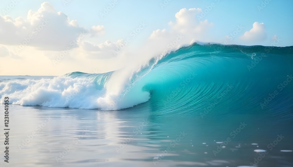 Fototapeta premium An ocean wave frozen in time, suspended in mid-air above a calm beach