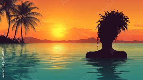 Silhouette of a Person Enjoying a Tropical Beach Sunset with Palm Trees Reflecting on the Tranquil Ocean Waves Under a Vibrant Orange Sky