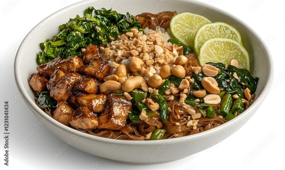 Asian Tofu Noodle Bowl, Lime, Peanuts, Greens, Studio Shot Asian Tofu Noodle Bowl, Lime, Peanuts, Greens, Studio Shot