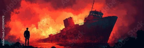 A silhouetted individual stands before a dramatic, fiery backdrop featuring a large ship engulfed in intense flames, casting an ominous glow. photo