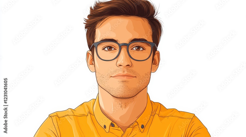 Illustrative Portrait of a Young Man in Glasses with Contemporary Hairstyle Wearing a Bright Yellow Shirt on a Plain Background Illustrative Portrait of a Young Man in Glasses with Contemporary Hairstyle Wearing a Bright Yellow Shirt on a Plain Background
