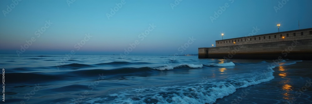 Softly lapping waves against weathered harbour wall at serene twilight, gentle wave, harbour wall, fading daylight Softly lapping waves against weathered harbour wall at serene twilight, gentle wave, harbour wall, fading daylight