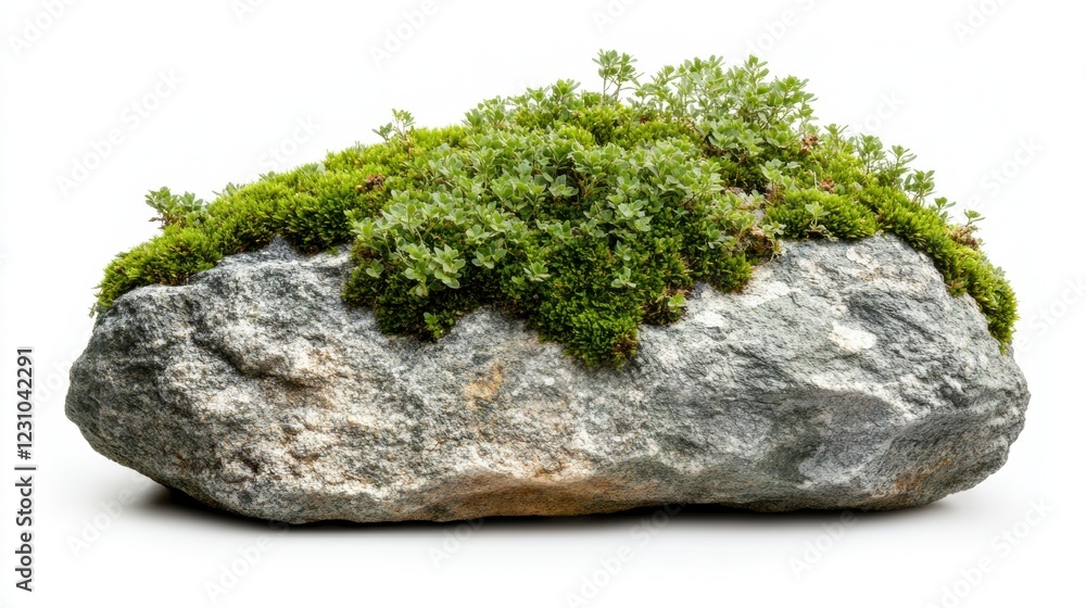 Natural Stone Covered in Green Moss and Small Plants on White Background Natural Stone Covered in Green Moss and Small Plants on White Background