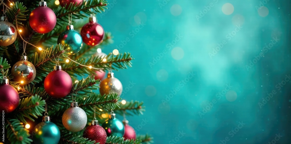 Sparkling turquoise backdrop adorned with long luminous Christmas tree branches and clusters of colorful glass ornaments, Turquoise Background, Seasonal, Holiday Decor Sparkling turquoise backdrop adorned with long luminous Christmas tree branches and clusters of colorful glass ornaments, Turquoise Background, Seasonal, Holiday Decor