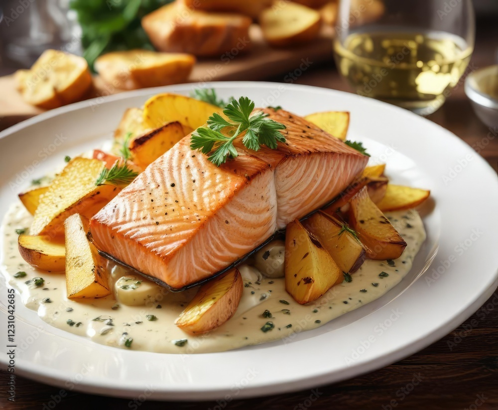 Pan-seared salmon fillet with baked potato wedges and creamy white wine sauce garnish, oven baked potatoes, savory sauce, salmon steak Pan-seared salmon fillet with baked potato wedges and creamy white wine sauce garnish, oven baked potatoes, savory sauce, salmon steak