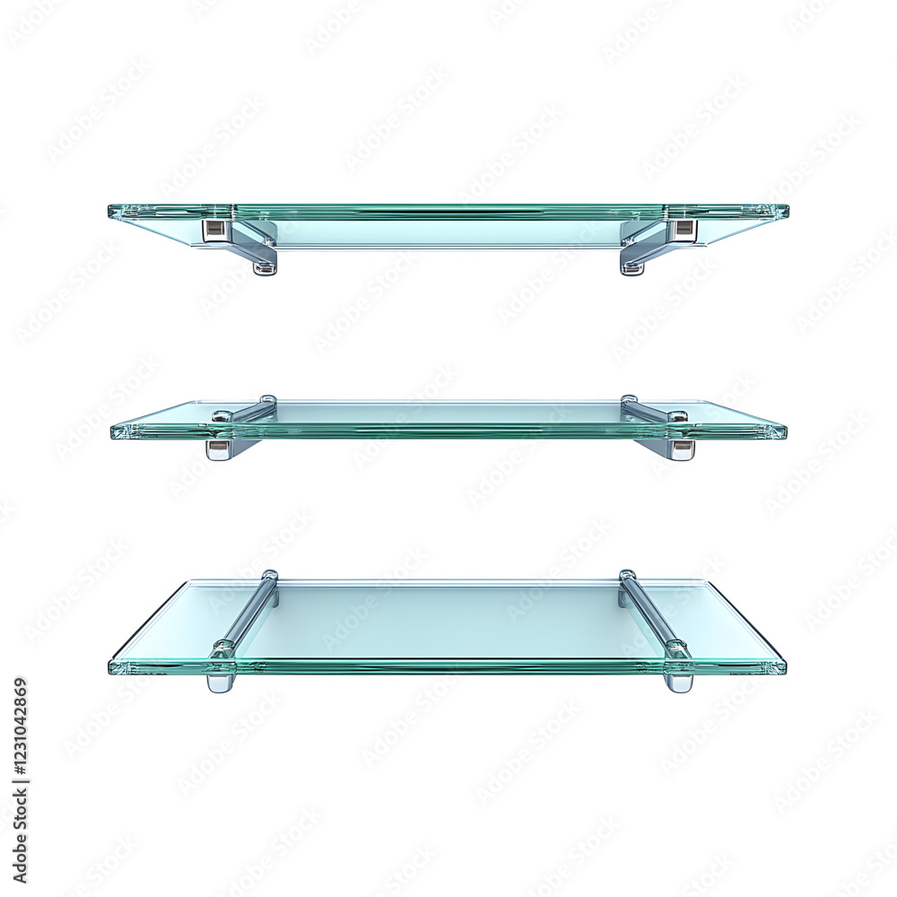 Tiered Glass Shelves with Chrome Supports Isolated on Transparent Background Tiered Glass Shelves with Chrome Supports Isolated on Transparent Background