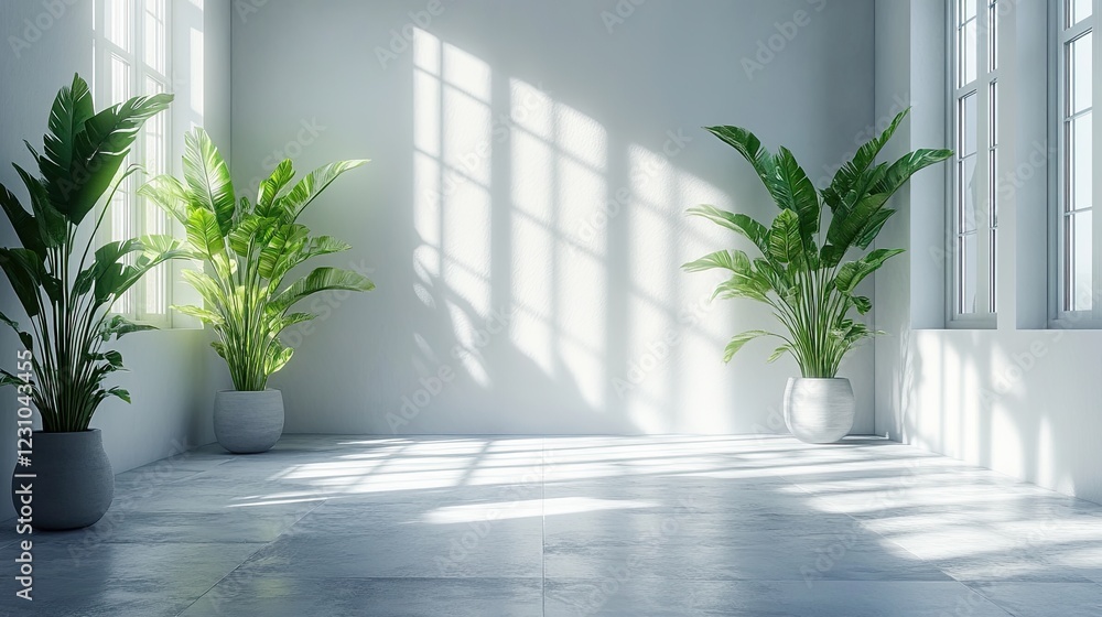 Minimalist interior design with three potted plants and natural sunlight streaming through large windows in a white room. Minimalist interior design with three potted plants and natural sunlight streaming through large windows in a white room.