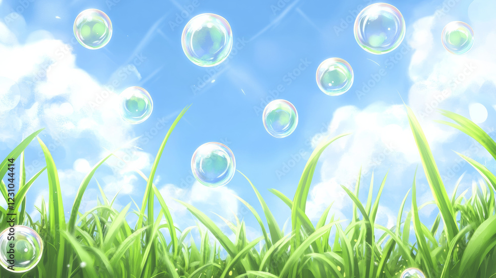 Bubbles float above vibrant green grass under blue sky Bubbles float above vibrant green grass under blue sky