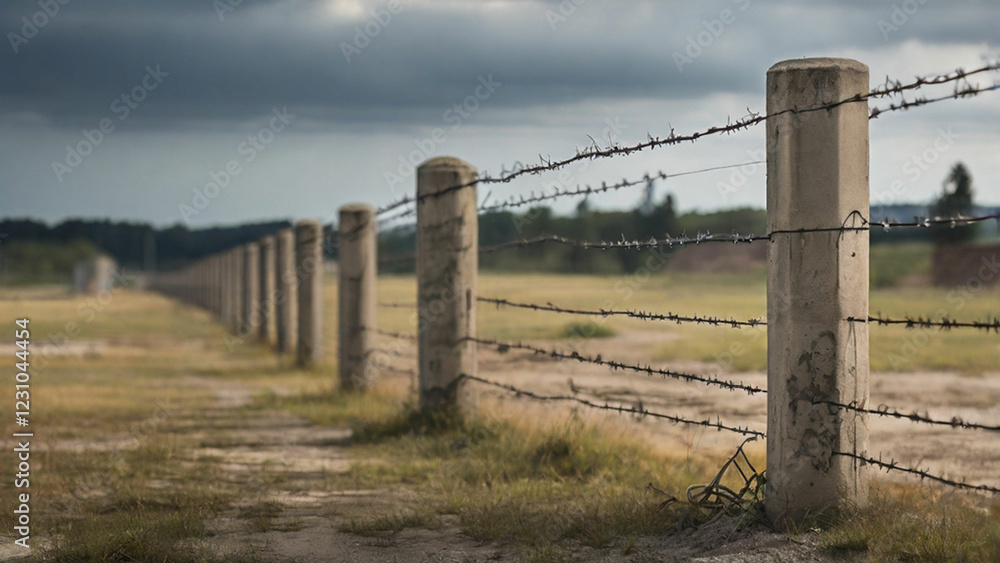 Fototapeta premium Barbed wire with concrete pillars