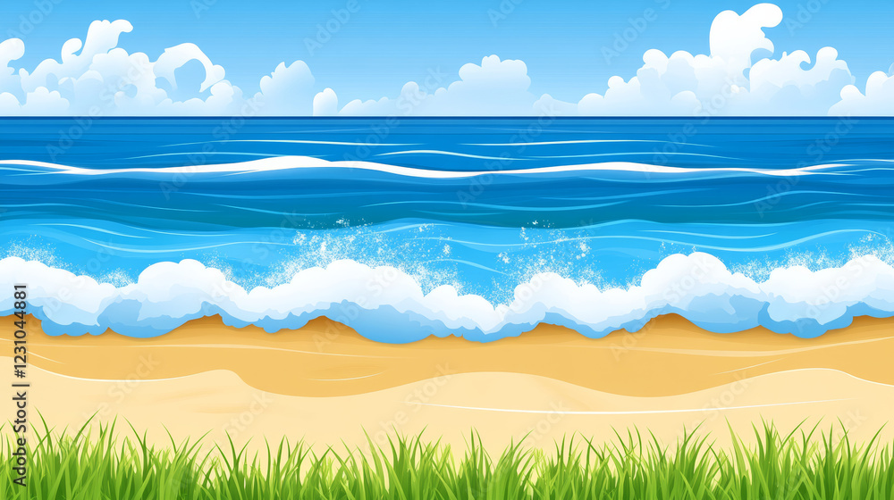 Fototapeta premium Ocean waves and sandy beach with grassy foreground