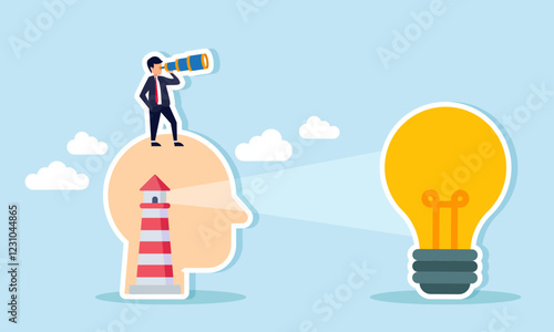 A businessman stands, peering through a telescope from atop a head containing a lighthouse, its light shining forward, illustration of analyst in determining relevant business